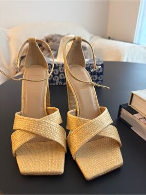 Ankle-Tie Woven Heels in Gold by —